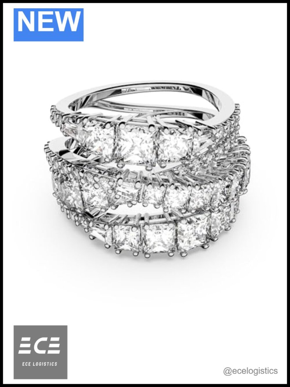 Swarovski Statement Ring with Pave Cubic Zirconia, Rhodium Plated Base Metal,